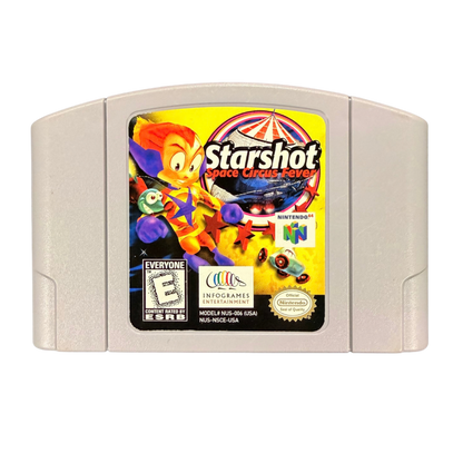Starshot Space Circus Fever Nintendo 64 N64 video game featuring action adventure platforming gameplay futuristic space circus exploration colorful alien worlds Starshot character abilities enemy encounters puzzle solving and classic 64 bit Nintendo gameplay retro video game collection collectible gaming appeal front of cartridge