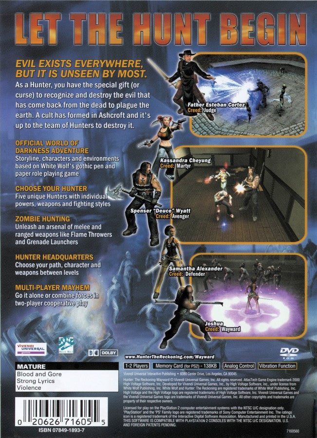 Hunter The Reckoning Wayward PS2 PlayStation 2 horror action game back of case