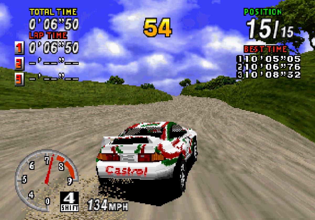 Sega Rally Championship Sega Saturn arcade racing game rally car off road driving realistic handling drifting mechanics time trial and championship modes Sega AM2 classic arcade port retro gaming Sega Saturn software video game title gameplay