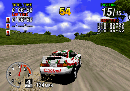 Sega Rally Championship Sega Saturn arcade racing game rally car off road driving realistic handling drifting mechanics time trial and championship modes Sega AM2 classic arcade port retro gaming Sega Saturn software video game title gameplay