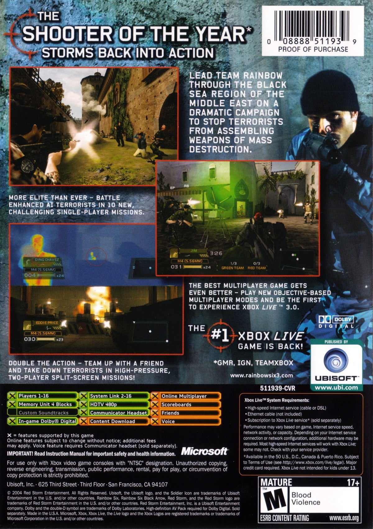 Tom Clancys Rainbow Six 3 Black Arrow Xbox tactical shooter first-person shooter game team-based counter-terrorism missions and online multiplayer combat back cover