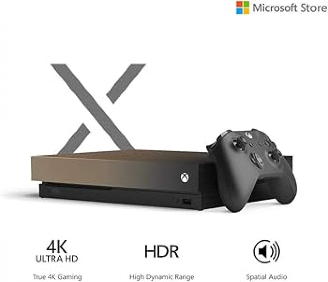 Xbox One X 1TB console Gold Rush edition, limited color variant, Microsoft gaming system, 4K gaming console, Xbox One X hardware promotional hardware showcase