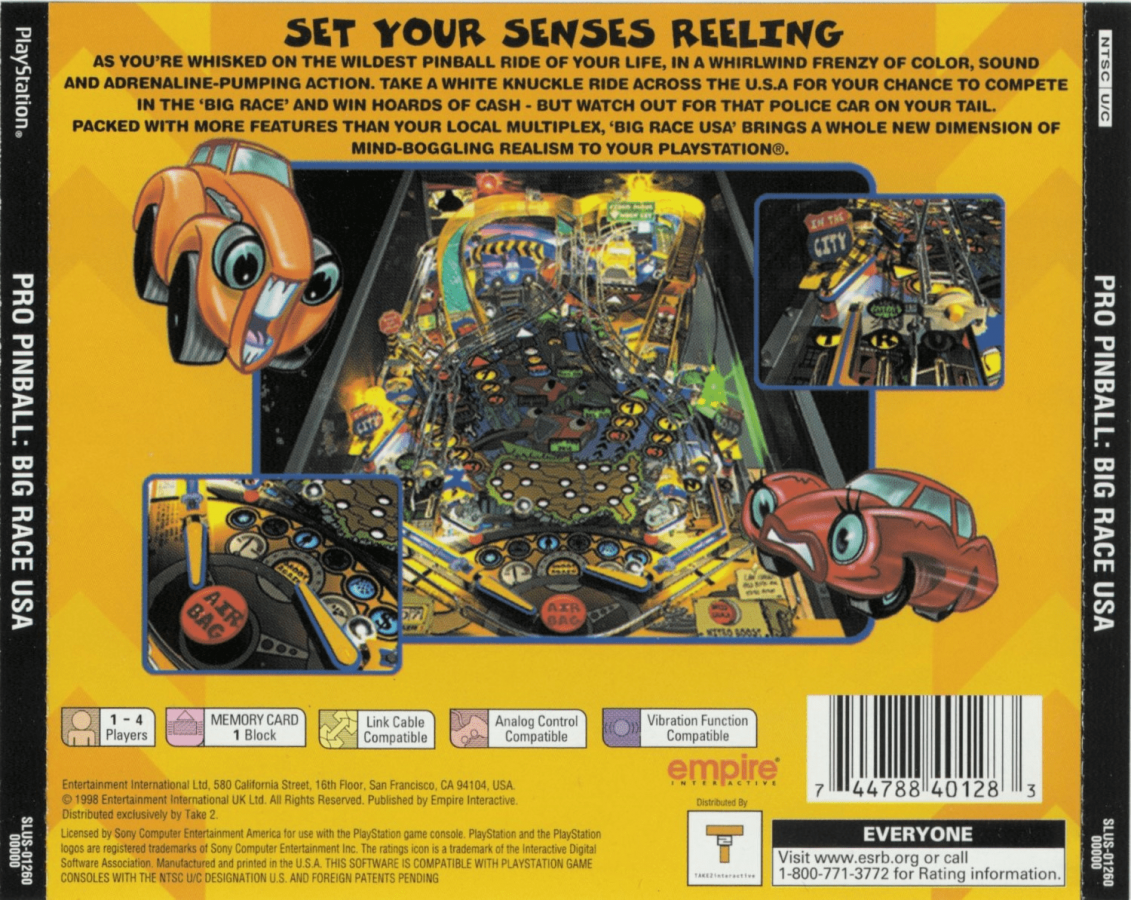 Pro Pinball: Big Race USA back of case for PlayStation 1 (PS1) pinball video game
