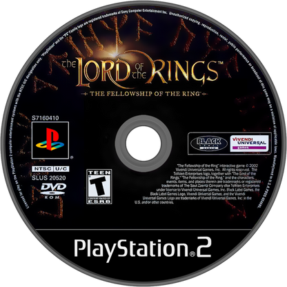 The Lord of the Rings: The Fellowship of the Ring for PlayStation 2 action adventure fantasy game based on the Tolkien novel featuring Frodo Aragorn Gandalf Middle earth quests combat exploration disc