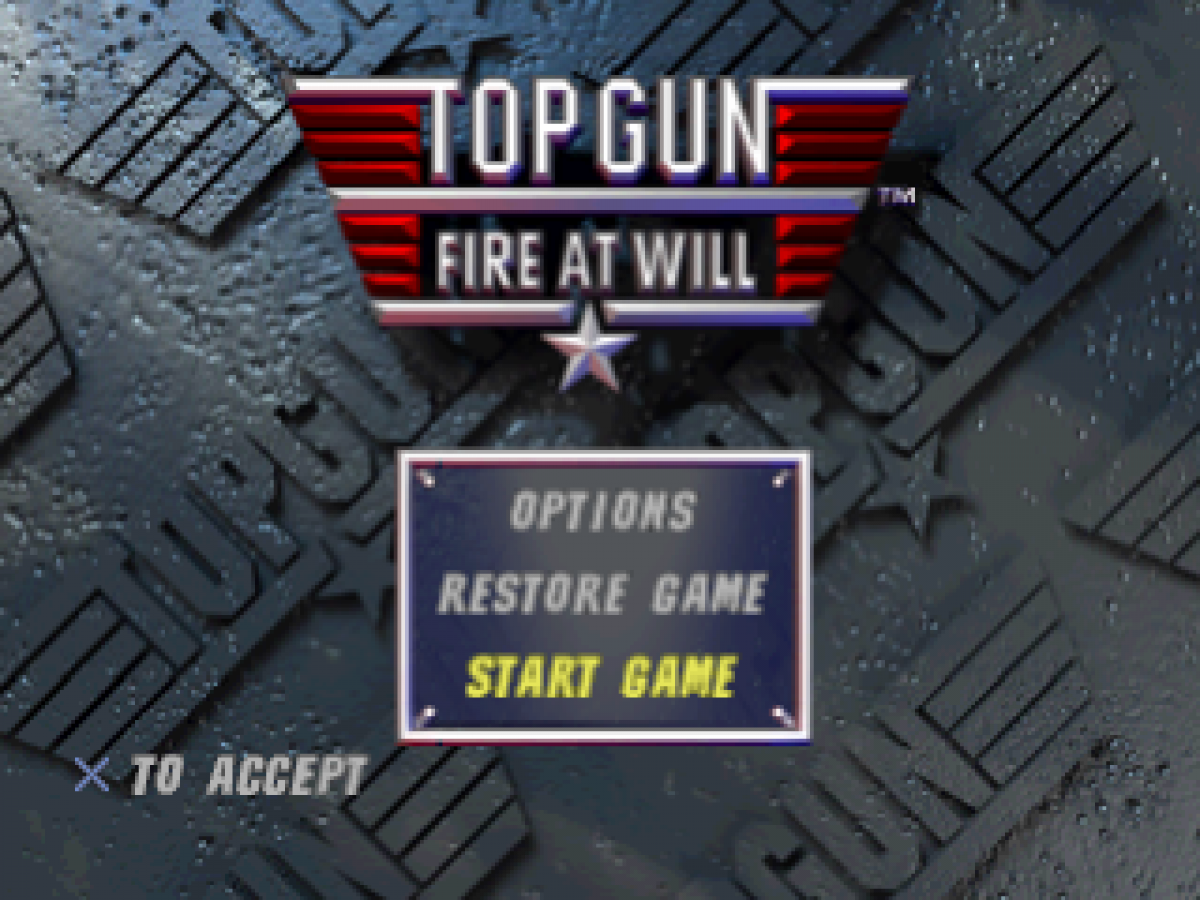 Top Gun Fire at Will PS1 PlayStation 1 flight combat simulator arcade jet fighter dogfighting action game retro video game title screen