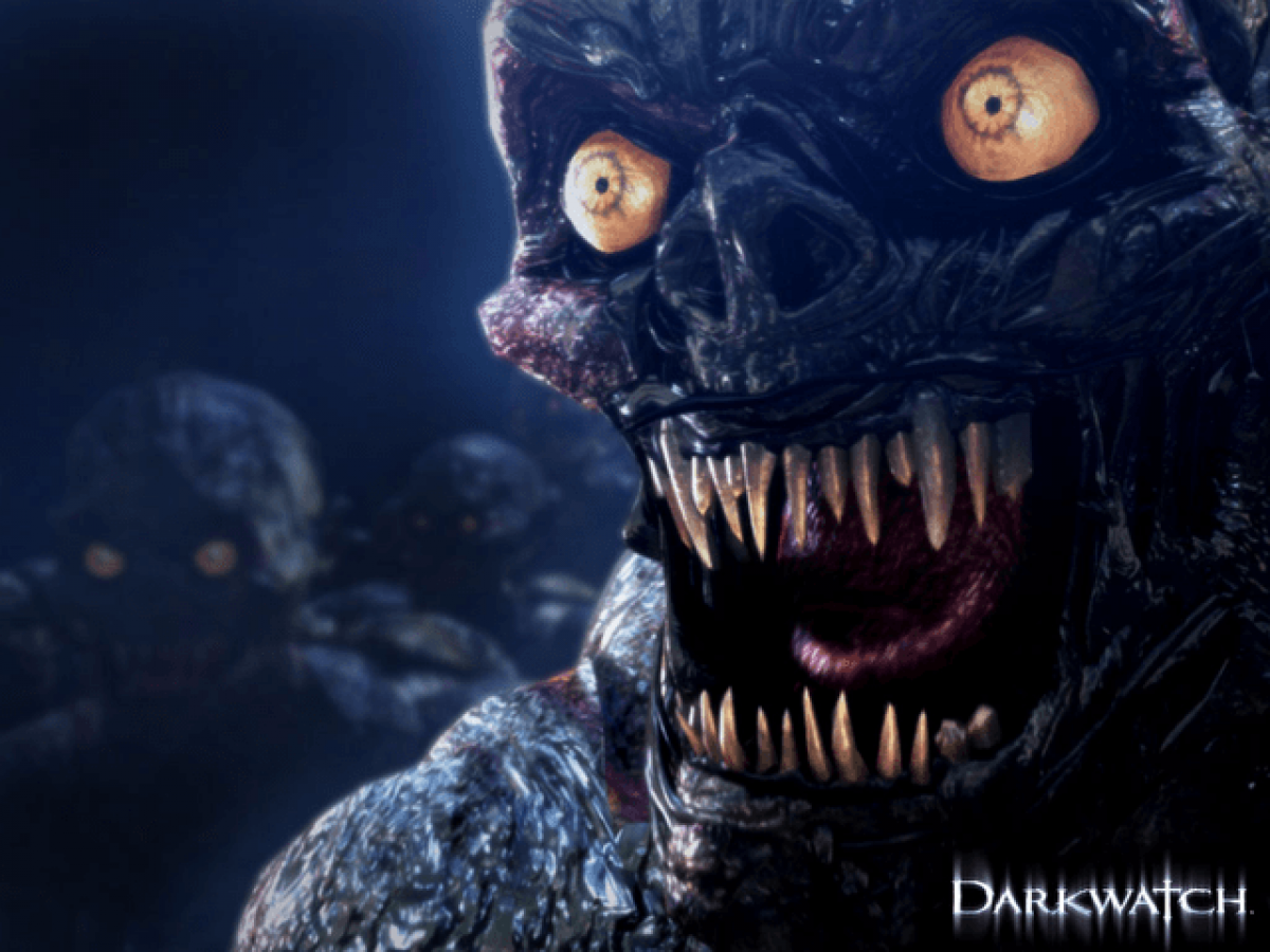 Monster with glowing eyes and sharp teeth in a dark setting, featuring the 'Darkwatch' logo. Title Screen for Darkwatch Xbox Game