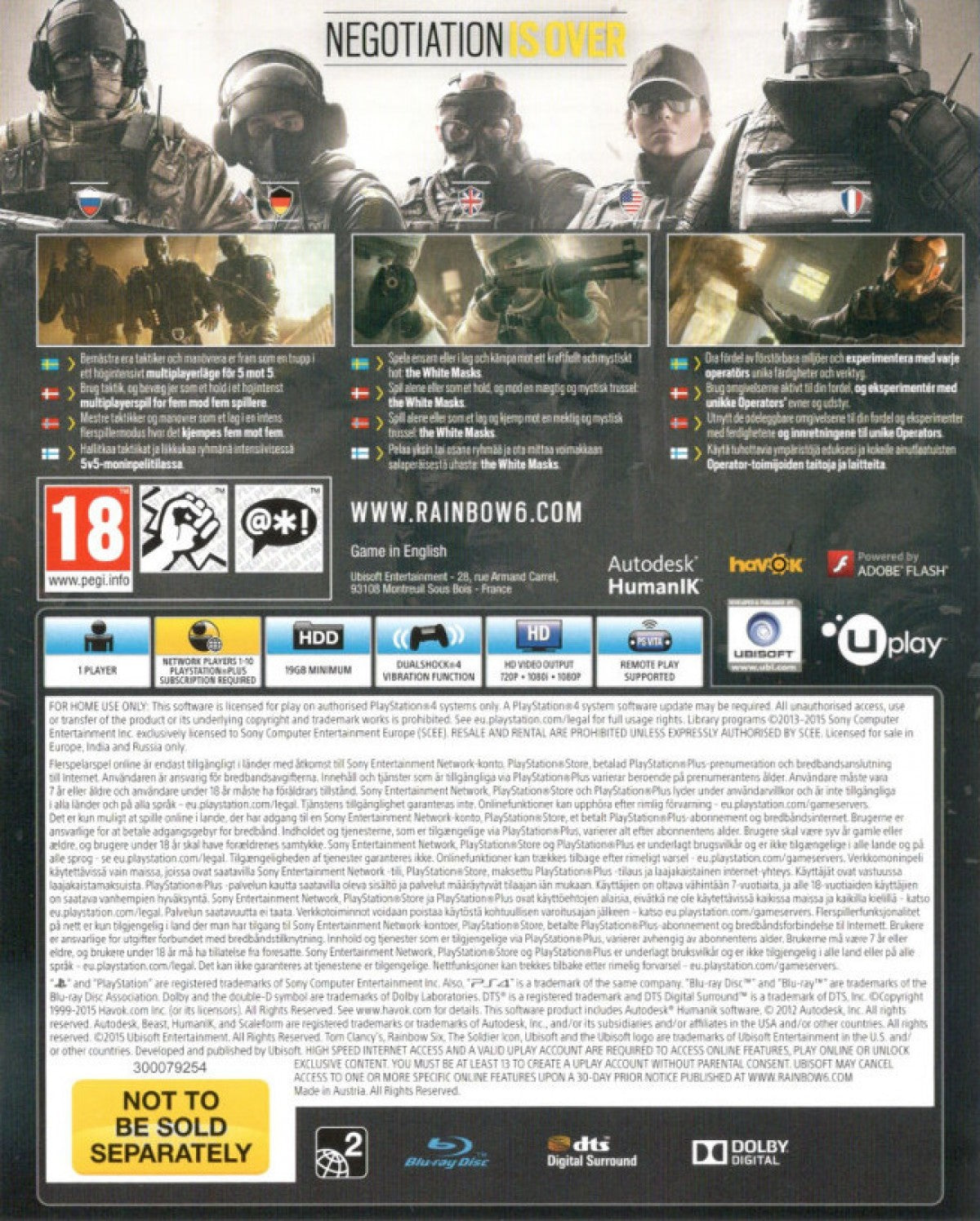 Tom Clancy's: Rainbow Six Siege [PAL Import] – PlayStation 4 (PS4) video game back of case, tactical first-person shooter.