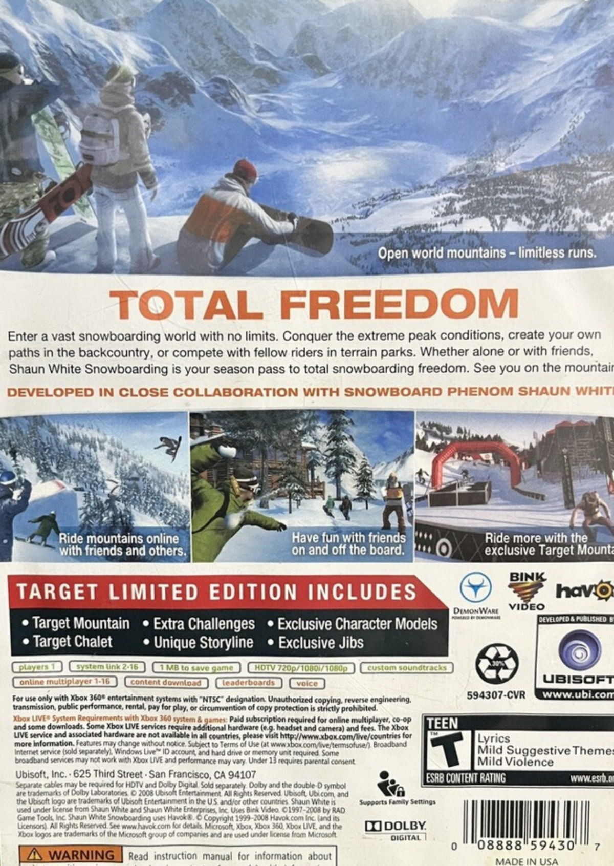 Shaun White Snowboarding Target Limited Edition Xbox 360 for sports video game fans featuring realistic snowboarding gameplay open mountain exploration freestyle tricks competitive events multiplayer modes authentic winter environments career progression Ubisoft action sports experience collectible gaming appeal back cover art