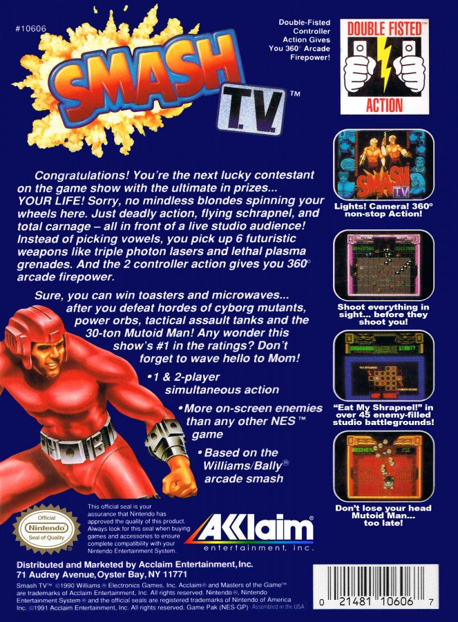 Smash TV cartridge for the Nintendo Entertainment System featuring 8 bit top down twin stick shooter action with intense arcade style gameplay futuristic arenas and hordes of enemies back cover