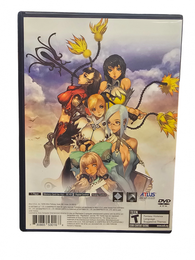 Magna Carta Tears of Blood PlayStation 2 PS2 role playing video game featuring fantasy adventure turn-based combat strategic battles character development magical abilities detailed environments challenging enemies story-driven gameplay and classic PlayStation 2 PS2 gaming collectible retro gaming appeal back cover art