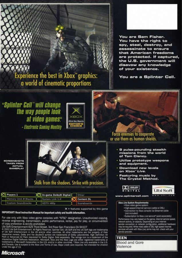 Tom Clancy's Splinter Cell back cover art for Xbox (XBOX) video game