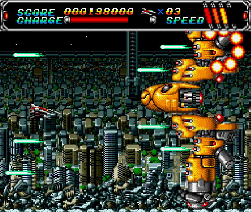 Android Assault Sega CD side scrolling shoot em up shmup anime style space combat mech shooter CD quality soundtrack fast paced arcade action Japanese style sci fi gameplay retro gaming Sega CD software video game title gameplay