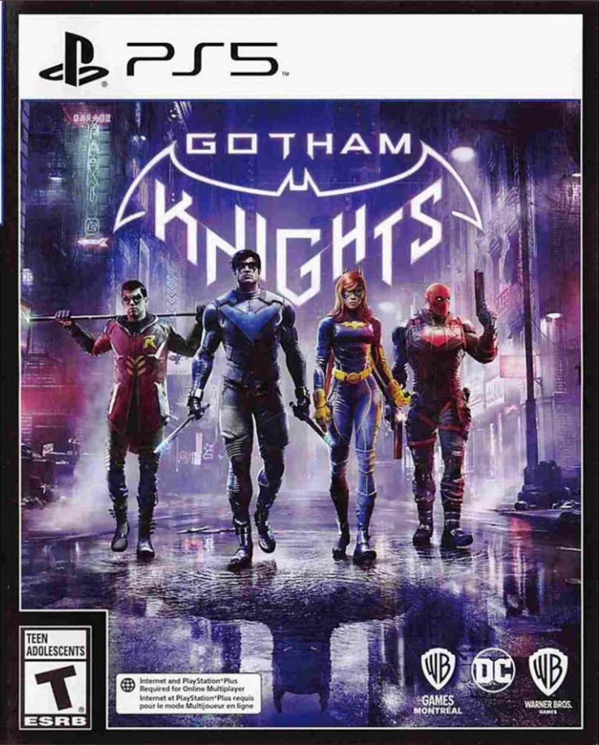 Gotham Knights PlayStation 5 PS5 action RPG video game featuring the Batfamily in open-world Gotham City co-op gameplay front cover
