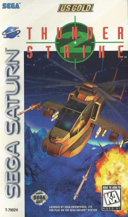 Thunder Strike 2 Sega Saturn helicopter combat flight shooter arcade style aerial missions military action sequel to AH-3 Thunderstrike fast paced bombing runs and dogfighting CD audio retro gaming Sega Saturn software video game title cover art 