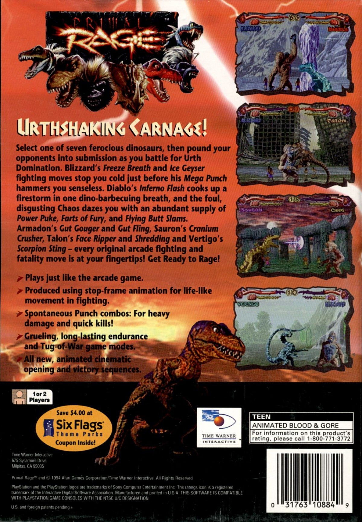 Primal Rage for PlayStation 1 fighting game featuring giant prehistoric beasts battling in arcade style combat long box packaging retro console release back cover art 