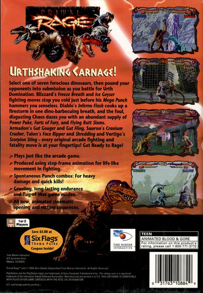 Primal Rage for PlayStation 1 fighting game featuring giant prehistoric beasts battling in arcade style combat long box packaging retro console release back cover art 