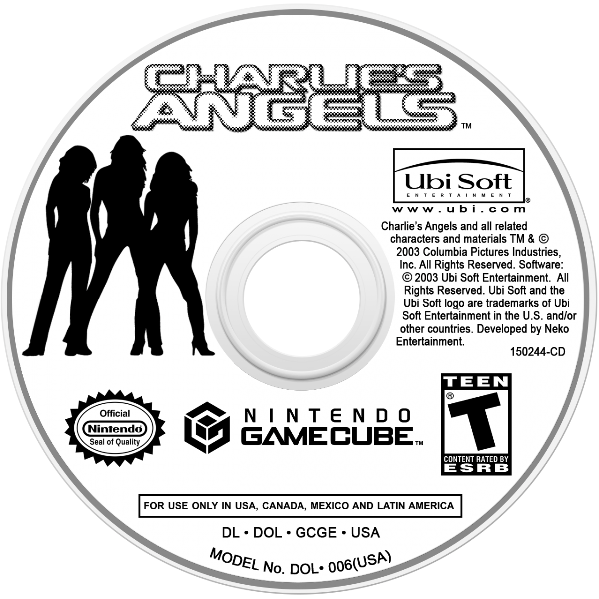 Disc Cover art for Charlie’s Angels GameCube GC video game, action adventure, movie tie-in, female-led combat, multiplayer, Nintendo GameCube title