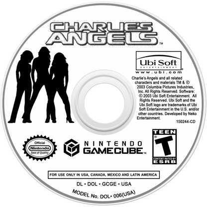Disc Cover art for Charlie’s Angels GameCube GC video game, action adventure, movie tie-in, female-led combat, multiplayer, Nintendo GameCube title