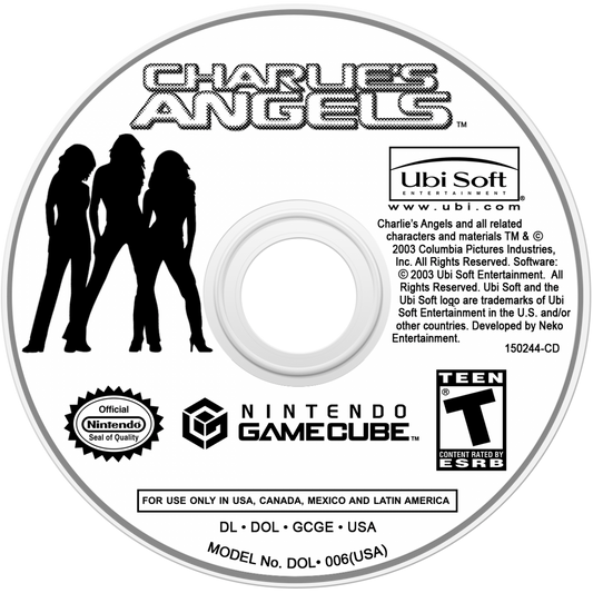Disc Cover art for Charlie’s Angels GameCube GC video game, action adventure, movie tie-in, female-led combat, multiplayer, Nintendo GameCube title