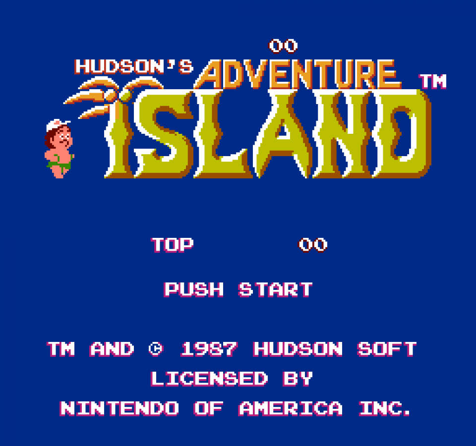 Adventure Island Nintendo Entertainment System NES video game featuring side scrolling platforming gameplay tropical island exploration obstacle courses enemy encounters fruit collecting power ups and classic 8 bit action retro video game collection collectible gaming appeal start screen