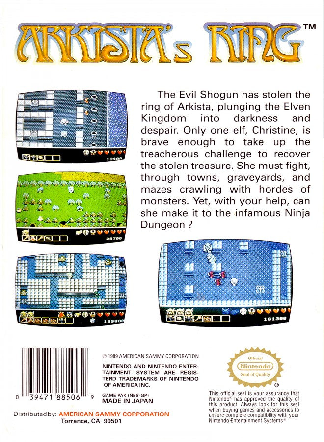 Arkista's Ring Nintendo Entertainment System NES for retro video game enthusiasts featuring fantasy action adventure gameplay magical bow combat cooperative two player mode dungeon exploration enemy battles classic 8 bit gaming and collectible gaming appeal back cover art
