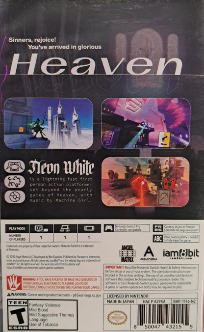 Neon White Nintendo Switch inspired design featuring fast paced first person action platformer aesthetic speedrunning challenges stylish card based abilities heavenly urban environments precision movement competitive gameplay and anime inspired storytelling presentation back cover