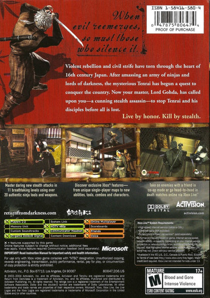 Tenchu: Return from Darkness retro Xbox video game Tenchu Return from Darkness stealth action ninja combat assassination missions third person infiltration gameplay console title Xbox release back of case