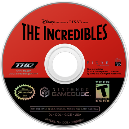 Disney Pixar The Incredibles Nintendo GameCube GC action adventure video game featuring the Incredible family superhero characters Mr Incredible Elastigirl Violet Dash and Jack-Jack superpowers combat enemies action-packed missions city exploration and classic Nintendo GameCube GC gameplay collectible retro gaming appeal game disc