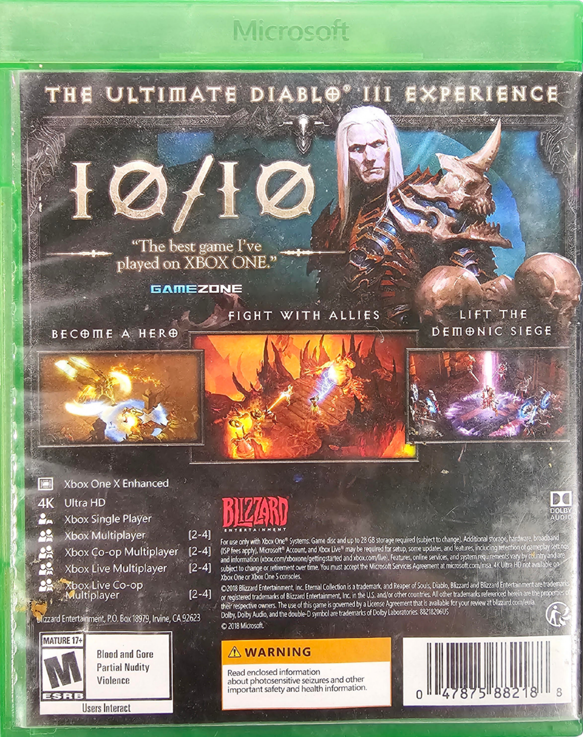 Diablo III Eternal Collection Xbox One XONE for action role playing video game fans featuring dark fantasy dungeons demon battles character classes powerful weapons loot collecting skill upgrades boss fights cooperative multiplayer and intense hack and slash gameplay collectible gaming appeal back cover art