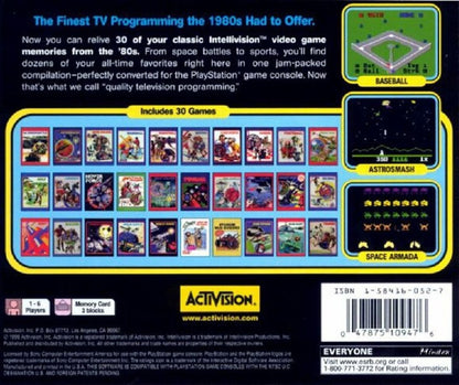 A Collection of Intellivision Classic Games compilation video game for the original Sony PlayStation (PS1), featuring a selection of classic Intellivision games including arcade-style action, sports, racing, shooting, and strategy titles, bringing a variety of retro console gameplay experiences to PlayStation players in one collection back cover art