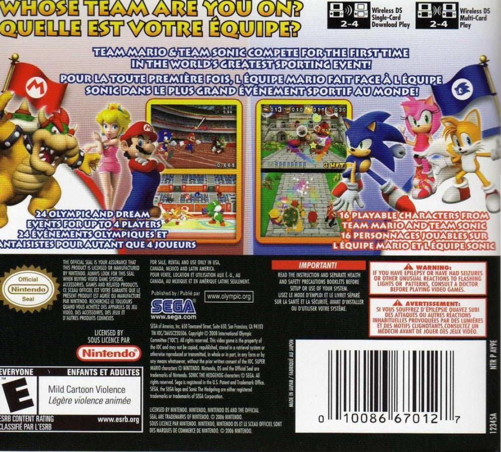 Mario & Sonic at the Olympic Games back of case for Nintendo DS (DS) sports mini-game collection video game