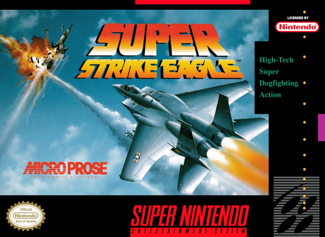 Super Strike Eagle retro SNES video game Super Strike Eagle military flight combat simulation jet fighter aerial warfare action gameplay console title Super Nintendo release cover art