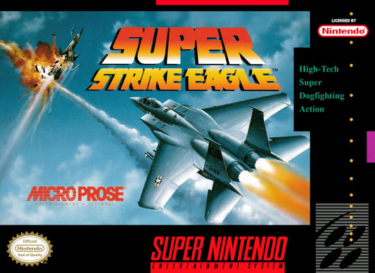 Super Strike Eagle retro SNES video game Super Strike Eagle military flight combat simulation jet fighter aerial warfare action gameplay console title Super Nintendo release cover art