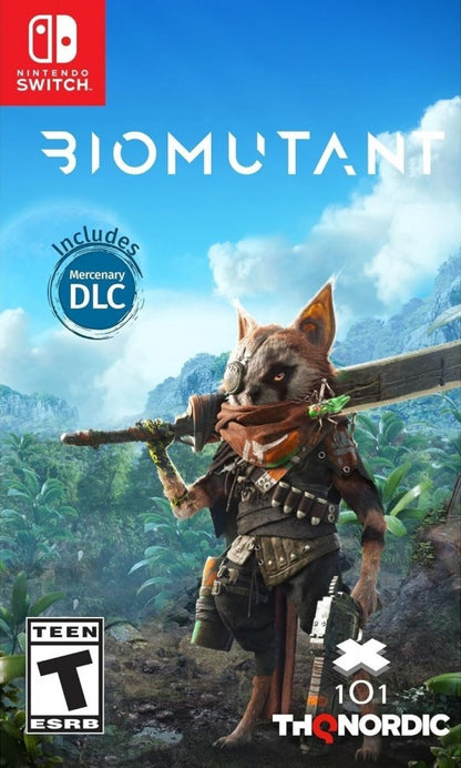 Biomutant Nintendo Switch inspired design featuring open world action role playing adventure aesthetic mutated animal hero martial arts combat customizable weapons post apocalyptic landscapes vibrant exploration and survival gameplay presentation cover art
