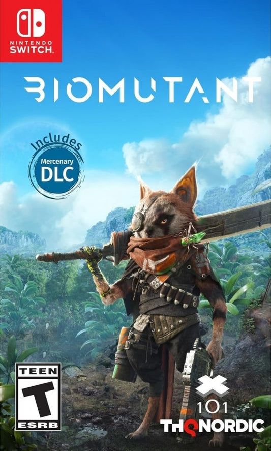 Biomutant Nintendo Switch inspired design featuring open world action role playing adventure aesthetic mutated animal hero martial arts combat customizable weapons post apocalyptic landscapes vibrant exploration and survival gameplay presentation cover art