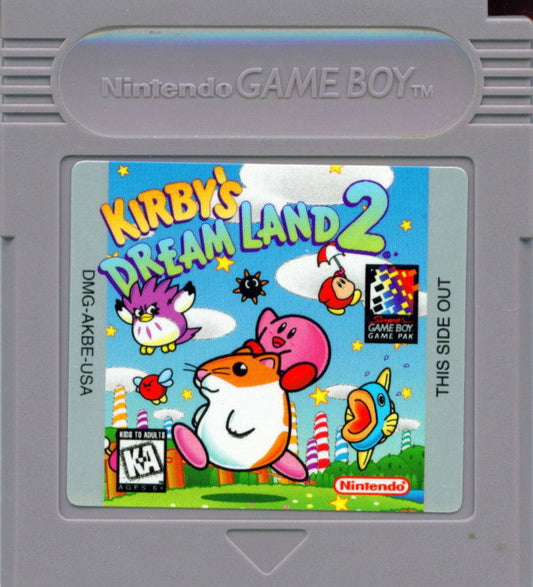 Kirby's Dream Land 2 [CIB] for Game Boy (GB) featuring a charming side scrolling platform adventure where Kirby teams up with animal friends to gain new abilities; explore colorful stages defeat King Dedede and save Dream Land in this complete in box handheld classic cartridge