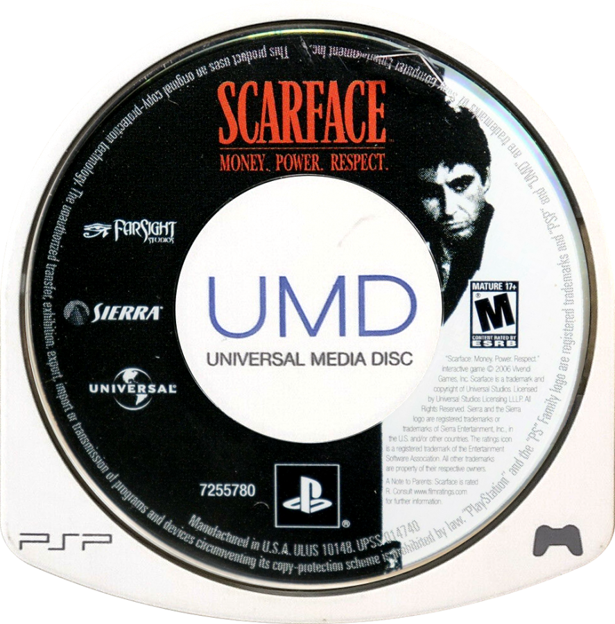 Scarface: Money. Power. Respect disc for PlayStation Portable (PSP) action-adventure game
