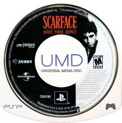 Scarface: Money. Power. Respect disc for PlayStation Portable (PSP) action-adventure game