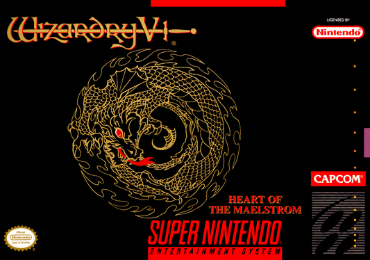 Wizardry V Heart of the Maelstrom retro SNES video game Wizardry fantasy role playing dungeon crawler turn based combat classic RPG adventure console title Super Nintendo release cover art