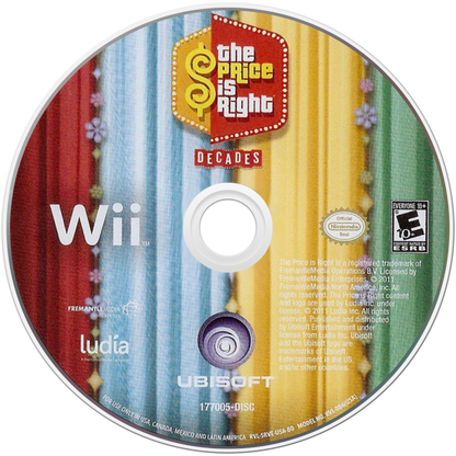 The Price Is Right: Decades disc art for Nintendo Wii (Wii) featuring classic pricing games from different eras, motion‑controlled bidding, and nostalgic TV show challenges