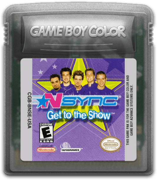 NSYNC Get to the Show for Game Boy Color, cartridge for a rhythm music video game with performance mini-games, timing-based gameplay, band-themed challenges, and pop concert simulation