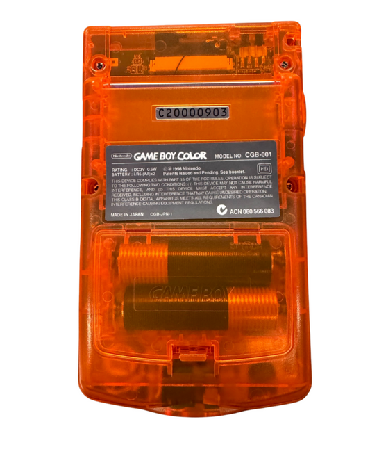 Back view of a clear orange custom Nintendo Game Boy Color handheld console showing battery cover, cartridge slot, and transparent casing details.