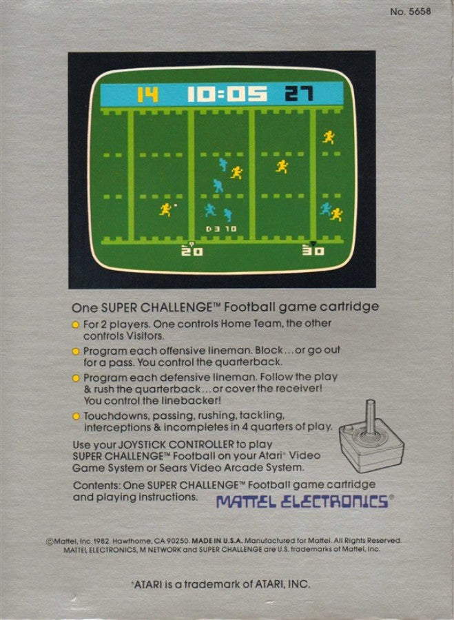 Super Challenge Football Atari inspired design featuring classic football sports gameplay aesthetic vintage gridiron action pixel graphics competitive head to head matches retro score chasing excitement early home console gaming nostalgia Atari presentation back cover