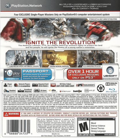Assassin’s Creed III Gamestop Edition exclusive bonus content PlayStation 3 action-adventure historical stealth video game back cover