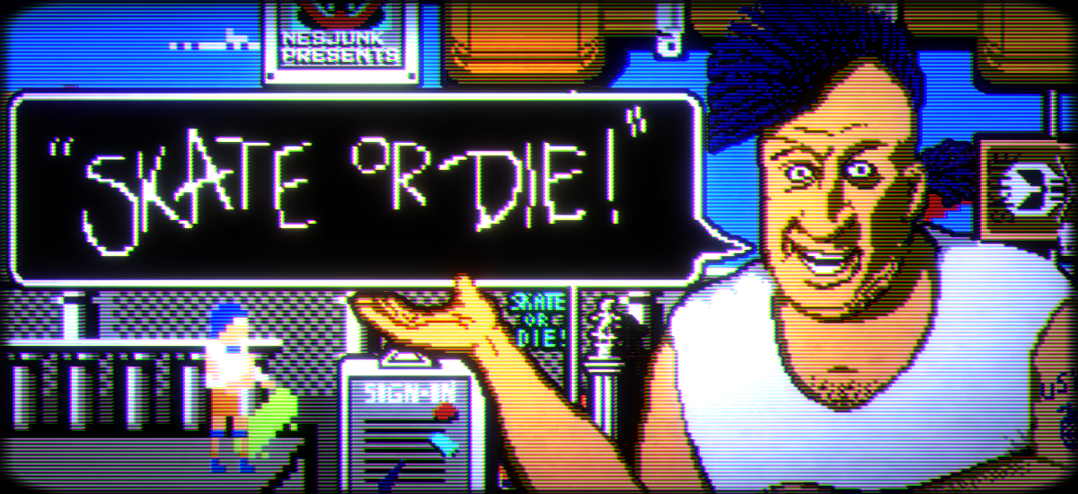 Skate or Die game for the Nintendo Entertainment System featuring skateboarding themed gameplay with multiple events including downhill racing freestyle tricks and jousting with competitive modes and an arcade style presentation gameplay