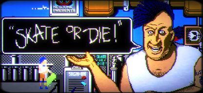 Skate or Die game for the Nintendo Entertainment System featuring skateboarding themed gameplay with multiple events including downhill racing freestyle tricks and jousting with competitive modes and an arcade style presentation gameplay