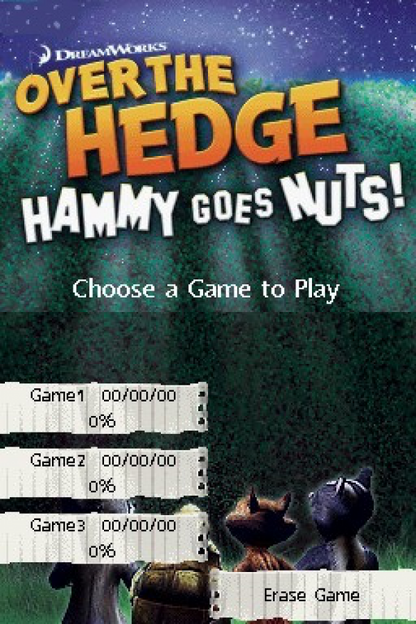 Over the Hedge Hammy Goes Nuts for Nintendo DS (DS), title screen for a retro video game featuring action-adventure gameplay, fast-paced mini-games, character-based missions, puzzle-solving, and movie-inspired cartoon fun
