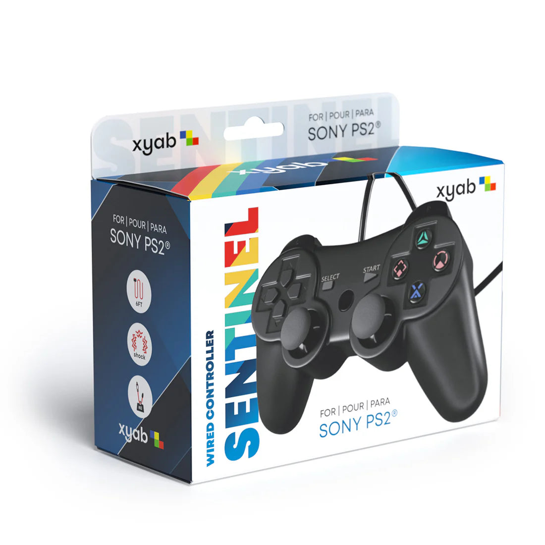 XYAB brand 1-to-1 third-party wired controller for PlayStation 2 in black featuring analog sticks, directional pad, action buttons, and dual shoulder buttons
