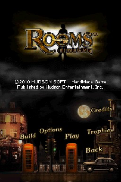 Rooms The Main Building game for the Nintendo DS featuring puzzle gameplay where players slide and rotate rooms within a building to guide a character to the exit with increasing difficulty and logic based challenges gameplay