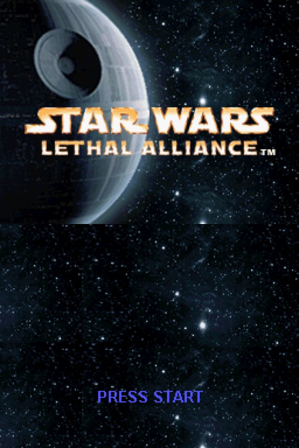Star Wars Lethal Alliance for Nintendo DS (DS), title screen for a retro video game featuring action-adventure gameplay, blaster combat, stealth mechanics, character-based missions, and sci-fi story-driven battles